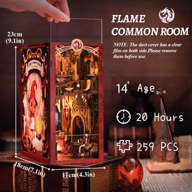 CUTEBEE DIY Book Nook Kit with Dust Cover, DIY Wooden Miniature House Kit Bookshelf Insert Booknook Bookend Stand Bookcase Model Build Creativity Kit Decor Alley with LED Light (Flame Common Room)