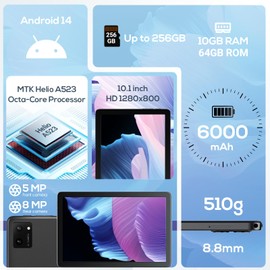 2025 Android Tablet, 10.1" Android 14 Tablets with Octa-Core, 10GB+64GB, 6000mAh Battery, 2MP+5MP Camera, 800 * 1280 IPS HD Display, WiFi & Bluetooth - Gray