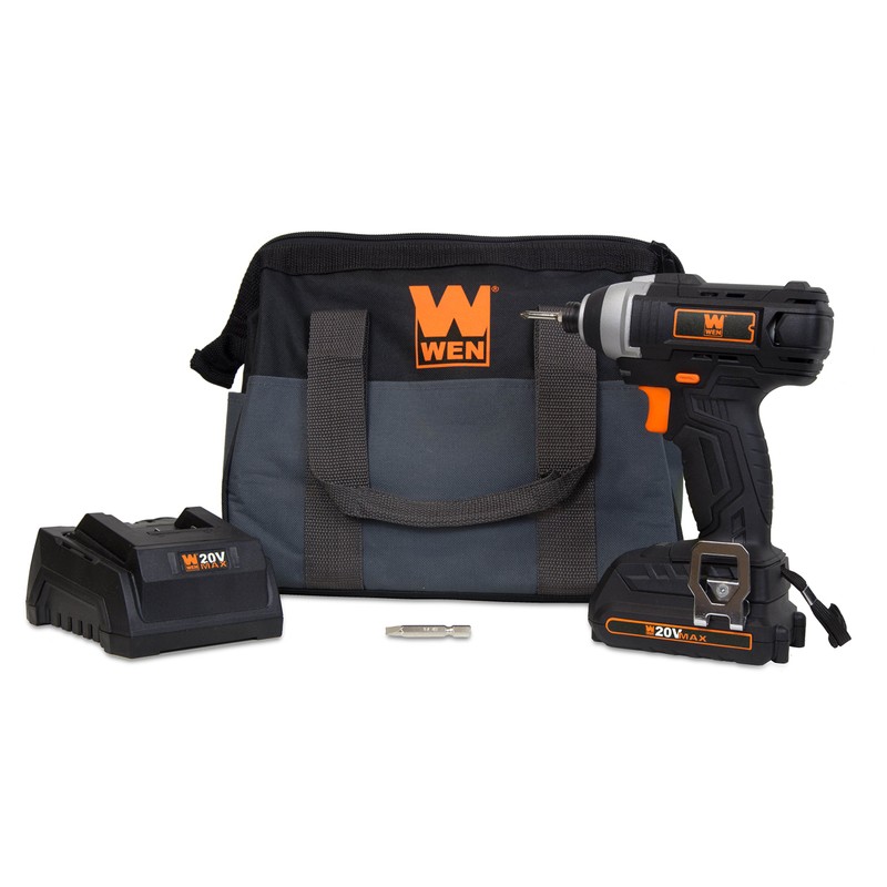 WEN Cordless Impact Driver with 20V Max Battery, Bits, Charger