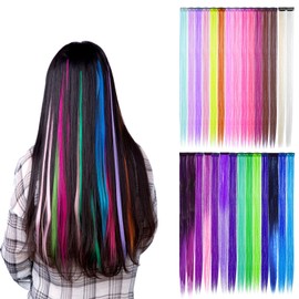 Pack of 30 Party Highlights Colourful Clip in Synthetic Hair Extensions, 21.6 Inches Long, Heat Resistant Synthetic Hair Extensions in Multiple Colours (Style A)
