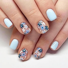 Square Press on Nails Short Fake Nails Blue Glossy Acrylic Nails Full Cover White Flower Glue on Nails Reusable Floral False Nails Spring Summer Stick on Nails for Women Manicure Decorations 24pcs