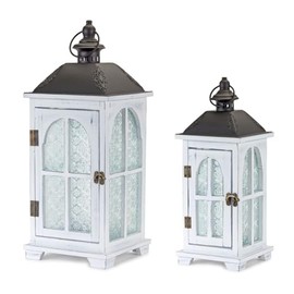 Maykoosh Wood Lantern Set of 2 - White Decorative Candle Holders with Frosted Glass Panels