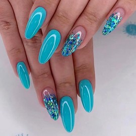 24 PCS Light Blue Press on Nails Sequin Design, Glossy Glitter False Nails Gel Glue on Nails, Sparkly Manicure Art Acrylic Medium Almond Fake Nails Stick on Nails for Women Girls