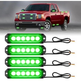 Safety Warning Light Emergency Strobe Grille Lights 4Pcs 6 LED Sync Feature 12V-24V Ultra Slim Surface MountLight Color: Green