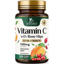 Chewable Vitamin C 1000mg - Extra Strength Antioxidants for Powerful Immune Support w/Vitamin C & Rose HIPS - Potent Dietary VIT C Chews Supplement, Natural, Vegan - Tasty Orange Flavor - 120 Tablets