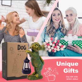 Tiejiajiang Dog Statue with Solar Lantern - 9.84 Inch Resin Solar Outdoor Lawn Yard Garden Decor - Unique Design Gifts for Women Mom Men (Copper)