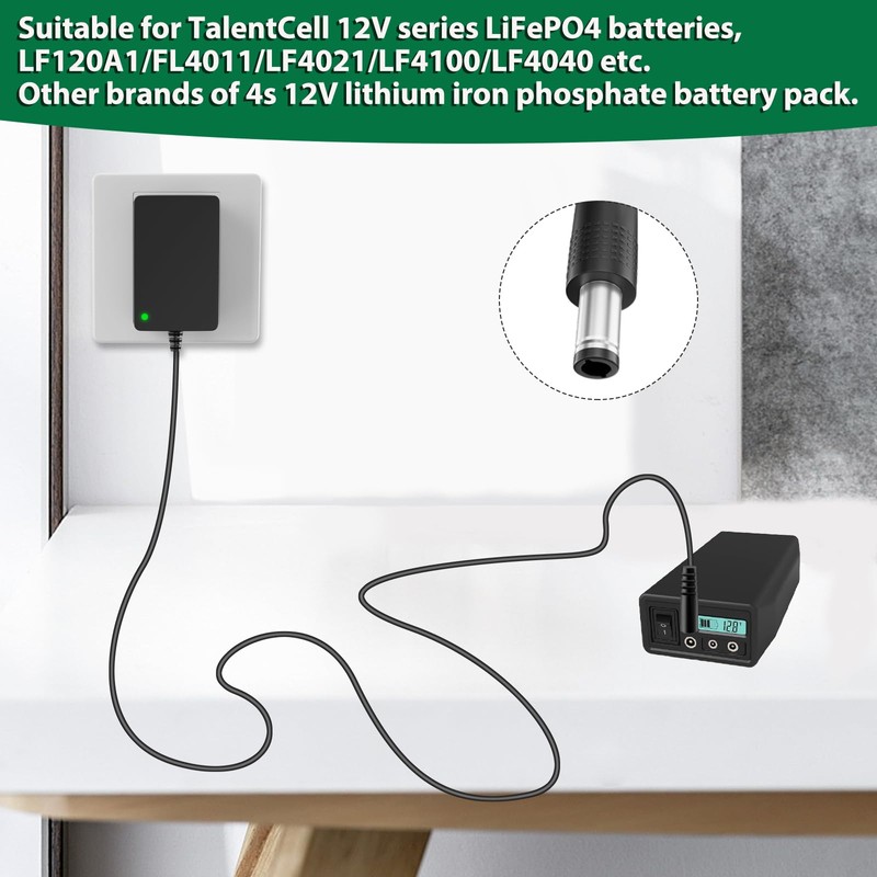 14.6V 2A LiFePO4 Battery Charger with Dual Alligator Clips Cable