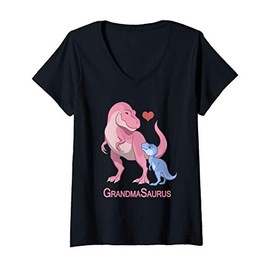 Womens GrandmaSaurus Grandmother & Baby Boy T-Rex Dinosaurs V-Neck T-Shirt