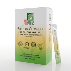 All Nature Billion Complex, Probióticos 10 Billones, Pre, Pro y Post Bióticos en Polvo, Sabor Limón, 60 Stickpacks de 2g, con Vitamina D3 y Zinc