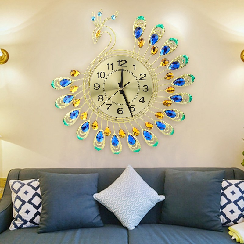 Iron Modern Wall Clock Large 3D Peacock Shape Non Ticking