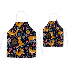 TRYTUTRY Parent-child Aprons with Pocket, Cute Matching Aprons for Children and Adults, Adjustable Neck Buckle, Parent Child Aprons for Artists, Boss, Baking, Cooking, Fox