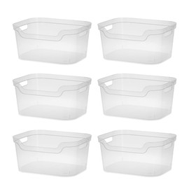 Sterilite 7 x 11 x 14.25 Inch Polished Open Scoop Front Storage Bin with Comfortable Carry Through Handles for Household Organization, Clear (6 Pack)