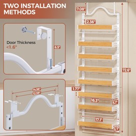 Freexployer 8-Tier Spice Rack Wall Mount, Heavy-Duty Over the Door Pantry Organizer with Wooden Adjustable Basket, 2 IN 1 Wall Mount or Hanging Pantry Door Organizer, Door Spice Rack for Home, White