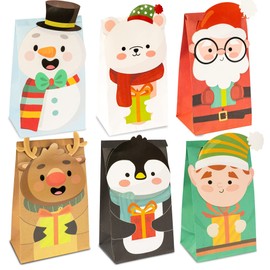 Uptotop Christmas Candy Bags, 24 Pack 2D Christmas Treat Bags with 6 Assorted Designs, Xmas Kraft Paper Bags for Holiday Cookie Candy Party Favor Supplies Decor