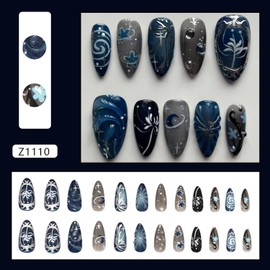 24Pcs French Tip Press on Nails Medium Almond Fake Nails with Dark Blue Ripple Design Glossy Flower False Nails Full Cover Artificial Cute Stick on for Women DIY Nails Kit