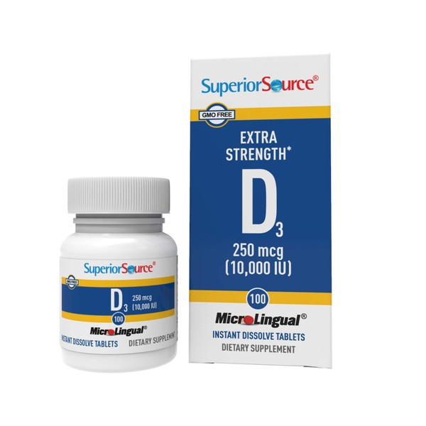 Superior Source Vitamin D3 10000 IU, Quick Dissolve MicroLingual Tablets, 100 Count, Helps Promote Strong Bones and Teeth, Immune Support, Helps Maintain Healthy Muscle Function, Non-GMO