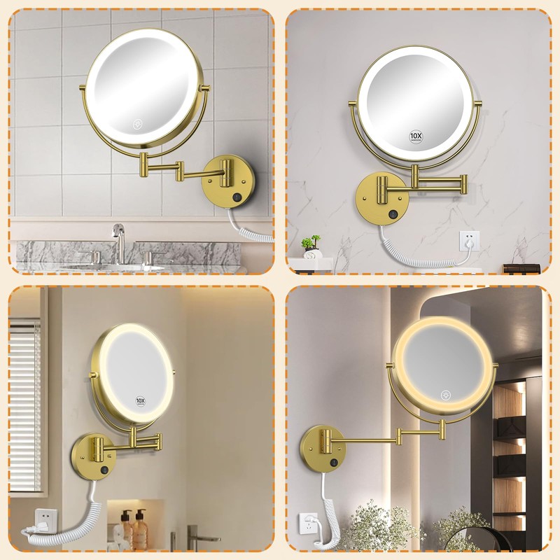 Gospire 9” Wall Mounted Lighted Magnifying Mirror, 1X/10X Magnification Double-Sided