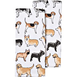 Casaba Cute Dogs Kitchen Towel - Whimsical Dog Lover Decorative Kitchen Tea Hand Dishcloths Towels Set of Two 100% Ultra Absorbent Cotton