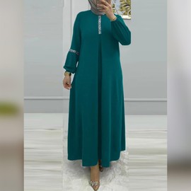 IDOPIP Muslim Abaya Hijab Dress for Women Casual Sequin Sundress Ramadan Dubai Kaftan Robe Solid Party Holiday Long Sleeve Islamic Prayer Clothing Green Small