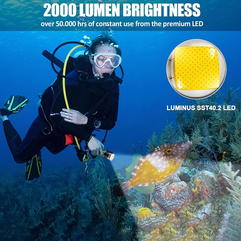Genwiss Dive Light, 2000 Lumen Underwater Flashlight, IPX8 Waterproof Scuba