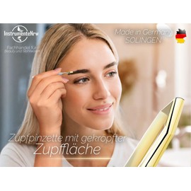 InstrumenteNrw Zupfpinzette Pinzette aus Solingen Made in Germany Augenbrauenpinzette für die Gesichtspflege zum Zupfen von Augenbrauen, Barthaaren oder kleinen Härchen für Damen und Herren (Gekröpft/Vergoldet)
