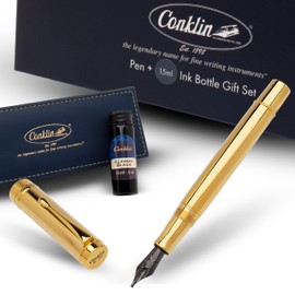 Conklin Duragraph Metal Gold Fountain Pen Medium Nib + Free 15ml Ink Bottle – Elegant Executive Gift for Writers, Professionals, Pen Collectors