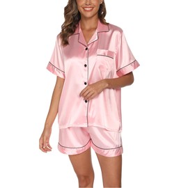 Reliwel Womens Pajamas Set Silk Soft Pajama Sets for Women Short Sleeve Button Down Pjs for Woman 2 Piece Loungewear Set Pink