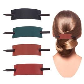 NICENEEDED 4 Pcs Leather Hair Barrette with Stick, Solid Color Hair Slider Pin, Ponytail Holders Hair Platters Ponytail Hairpin Accessories Stylish Bun Cages French Hair Clips Hair Sticks for Women
