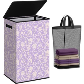 SOLEDI Laundry Hamper with Lid, 90L Tall & Large Floral Laundry Basket, Collapsible Clothes Hamper with Removable Bag, Dirty Hampers for Bedroom, Bathroom, Laundry Room
