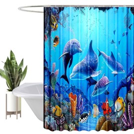 HEYOMART Shower Curtain Heavy Duty Polyester Fabric Waterproof Shower Curtain Liner, 3D Digital Painting Pattern for Shower Stall, Bathroom Curtains with 12 PCS Hooks (180x180cm, Ocean Dolphin)
