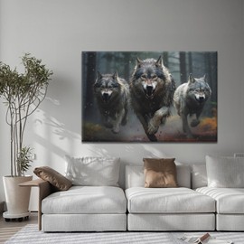 YONICA wolf Canvas Wall Art - Wolves Running In The Forest Gazing At Far Away, High Definition Giclee Artwork Ready to Hang Suitable for Living Room Bedroom 32'' L x 24'' W(80x60cm)