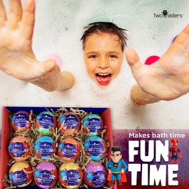 Superhero Boys Bath Bombs with Surprise Hero Toys Inside (12 Pack) - Large Bubble Bomb, Fruity Scents, Relaxing Aromas - Ideal Birthday Gift for Kids by Two Sisters