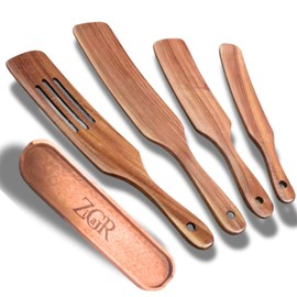 Premium Teak Wood 5 Pcs Spurtle Set Safe Non-Stick Kitchen Utensil Non-Toxic Lightweight Teak Wooden Spoon With Spoon Rest Heat Resistant Non-Scratch Spatula