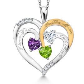 Gem Stone King 2 Tone Purple Amethyst White Moissanite Green Peridot `I love you to the moon and back` Engraved Pendant Necklace For Women (1.34 cttw, Heart Shape 5MM, 18 Inch Chain)