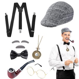 DIKARIYA 20s Grandpa Costume, Sherlock Holmes Detective Costume Accessory with Hat Elastic Y-Back Braces Bow Tie Beard Eyebrow Glasses Accessories for Men Masquerade Party (Design 3)