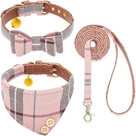 KOOLTAIL - Juego de collar y correa para perros pequeños con pajarita y campanas, bonito collar y correa para cachorros con patrón clásico a cuadros, 