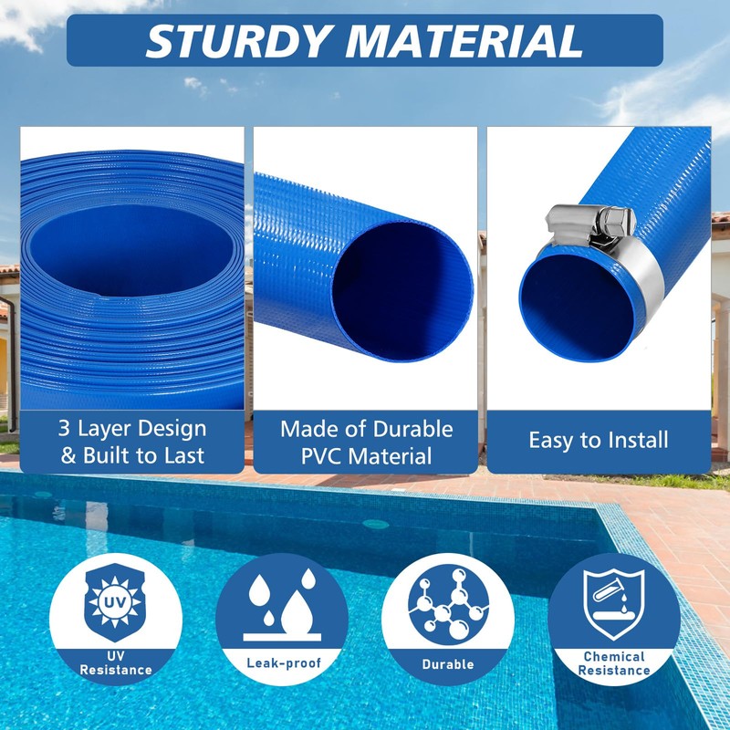 2" x 100 Ft Pool Backwash Hose, Blue Heavy Duty