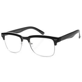 zeroUV Classic Square Half Frame Dapper Fashion Horn Rimmed Glasses (Shiny Black-Silver/Clear)