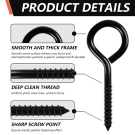 6 Inch Black Eye Hooks Screw Heavy Duty Self Tapping Eyelet Screws 2Pcs Eye Bolts Screw in Hooks for Wood Securing Cables Wire, Hammock Swing,Indoor & Outdoor Uses