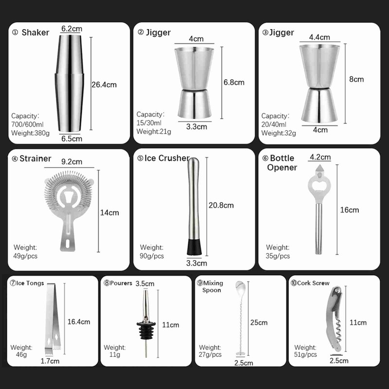 14PCS/Set Bartender Kit Bar Tool Set Sturdy Stainless Steel Cocktail