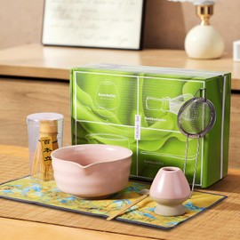 meemooron Matcha Whisk Starter Set 7 in 1 Bamboo Matcha Tea kit Scoop Chasen,Stainless Steel Sifter,Bowl with Eagle Beak Design (PINK with FLOWER)