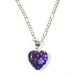 'Happy Heart, Indigo' Glass Millefiori Heart Pendant Necklace in Navy Blue, 18 Inches