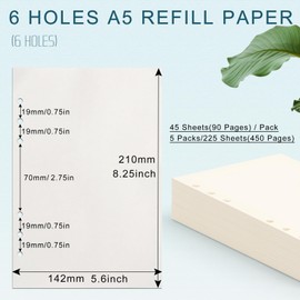 Toplive A5 Refill Paper [5 Pack], 100GSM Thick 6 Hole Loose Leaf - 225 Sheets (450 Pages), Blank Refillable Filler Inserts for 6 Ring Binder/Journal/Notebook - Perfect for Sketching & Creative Notes