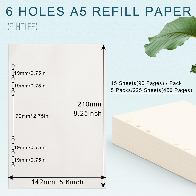 Toplive A5 Refill Paper [5 Pack], 100GSM Thick 6 Hole
