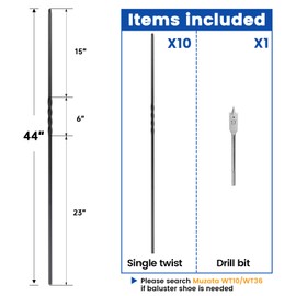 Muzata 10Pack 44" Wrought Iron Baluster Hollow Single Twist Metal Stair Spindles for 1/2" Square Metal Stair Iron Balusters for Staircase Interior Decorative Staircase Deck Railing WT27