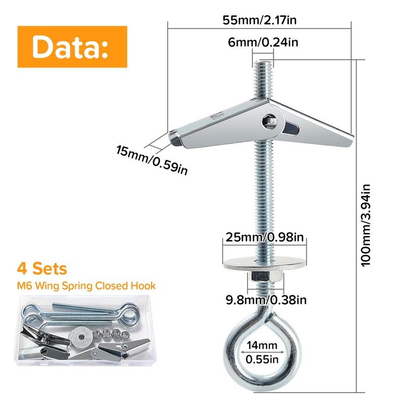 Lyeteung 4 Sets M6 Wing Spring Hook, Spring Toggle Wing