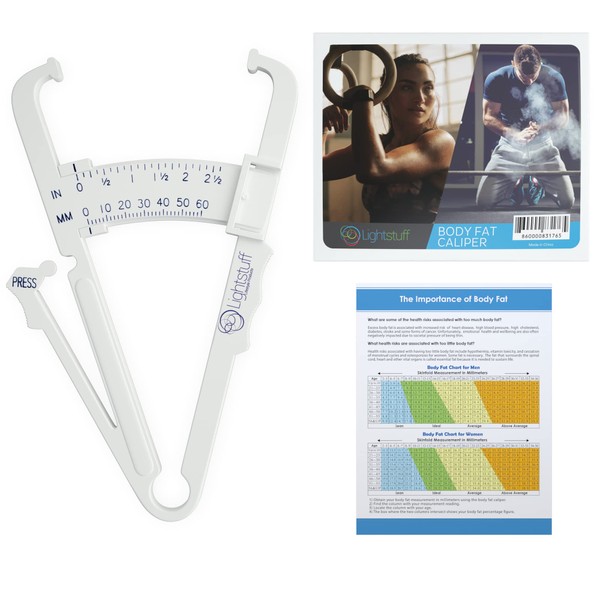 Lightstuff Body Fat Caliper - Skinfold Caliper - Check Your Fat Percentage at Home Without Anyone's Help - Body Fat Charts and Instructions Included
