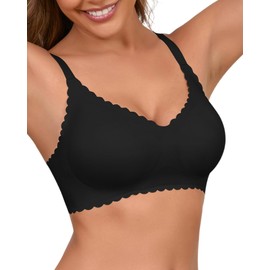 SHARICCA Women's Bra without Underwire Petal Design V Neck Soft Cups Bustier High Elasticity Comfortable Seamless Bra with Additional Bra Extension, Black-1p03, XL