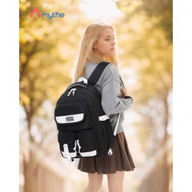 Amythe Backpack Teenager, School Backpack Girls with Many Compartments, School Bag for Students 3rd to 5th Grade, Medium and High School, Nylon Daypack for Travel, Leisure, black