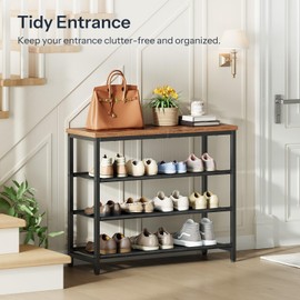 HOOBRO Shoe Rack with 3 PU Shelves, 4-Tier Shoe Storage Organizer for Closet and Entryway, Holds 9-12 Pairs of Shoes, Sturdy Metal Frame, Small Spaces, Rustic Brown and Black BF94XJ01